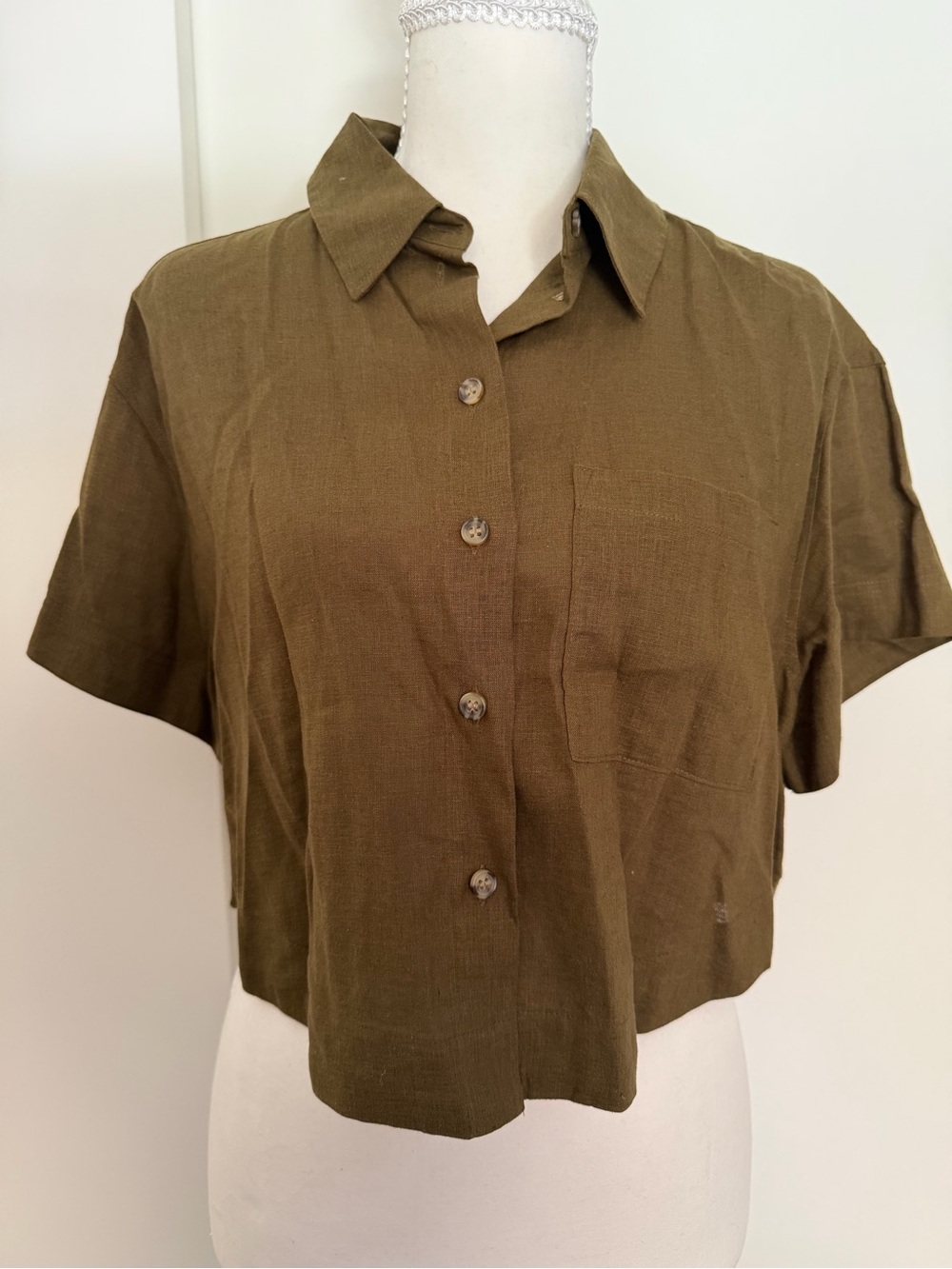 H&M Olive Green Button-Front Crop Shirt